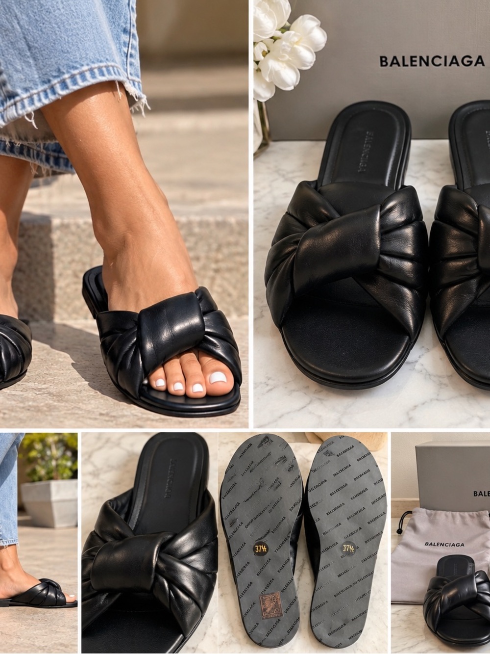 Balenciaga Drapy Black Leather Knotted Slide Sandals 37.5 New w/ Box & Dust Bags